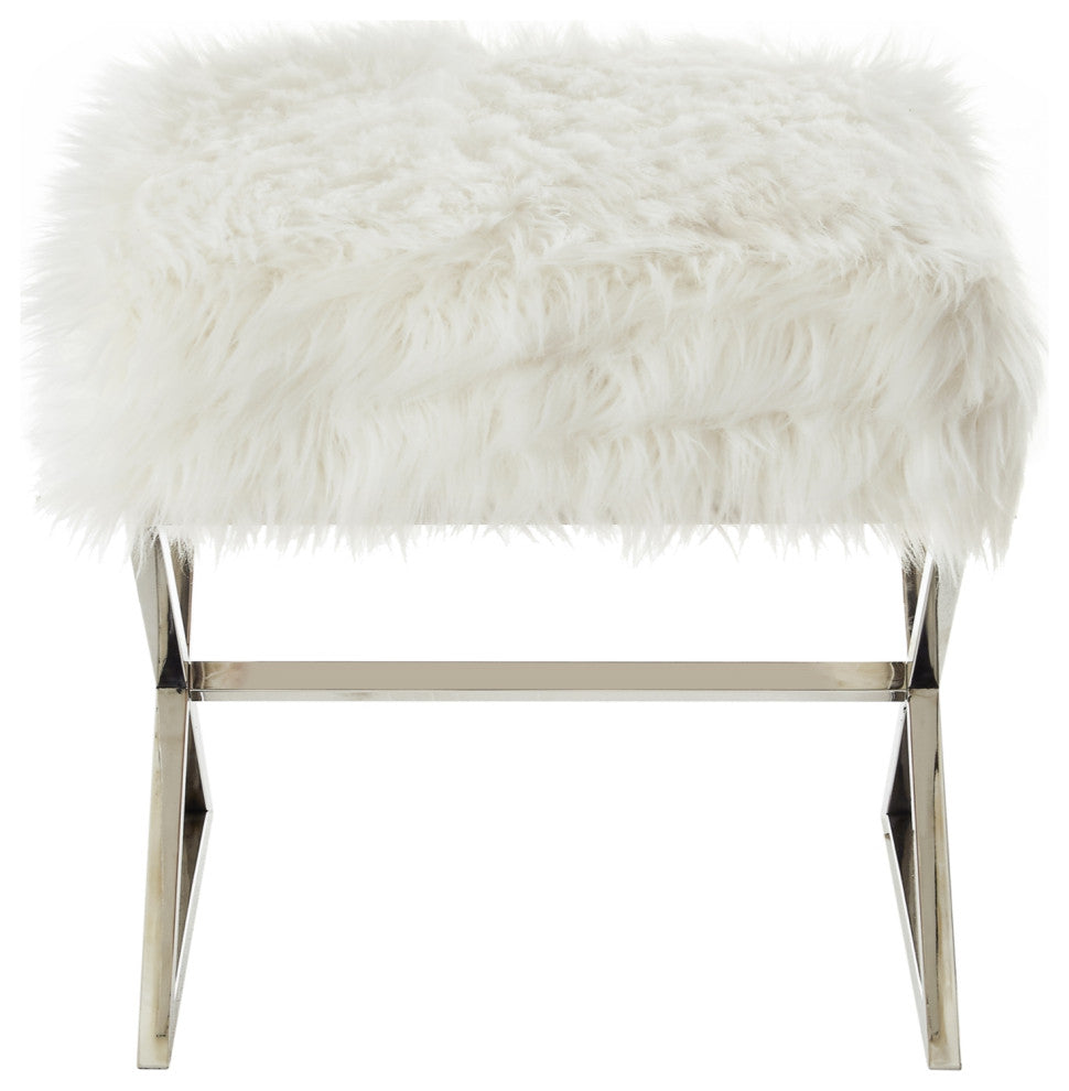 Oria Faux Fur X-Leg Chrome Base Ottoman, White/Chrome