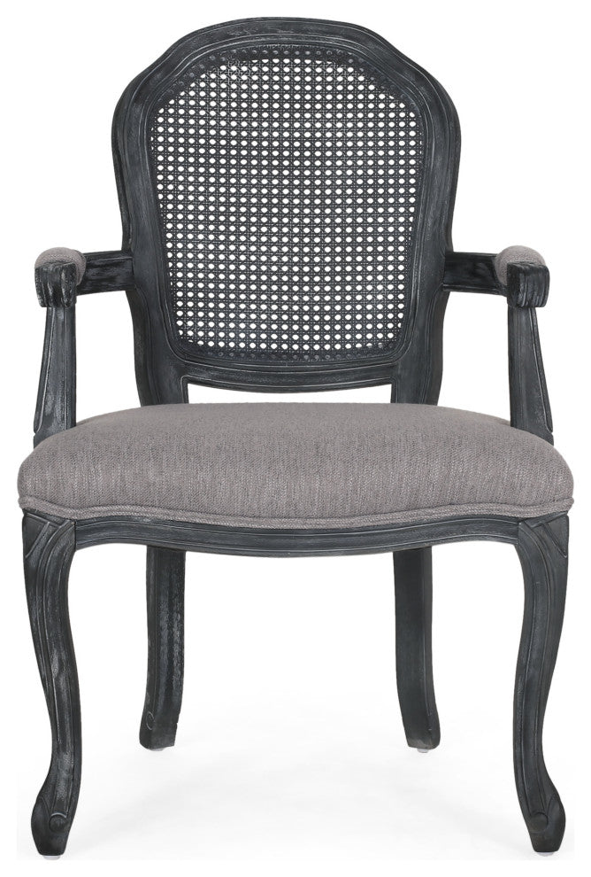 Mariette French Country Wood and Cane 5 Piece Expandable Oval Dining Set, Gray/Gray