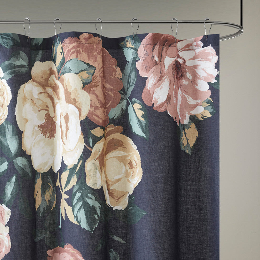 Madison Park Charisma Floral Cotton Boucle Slub Shower Curtain, Navy Blue