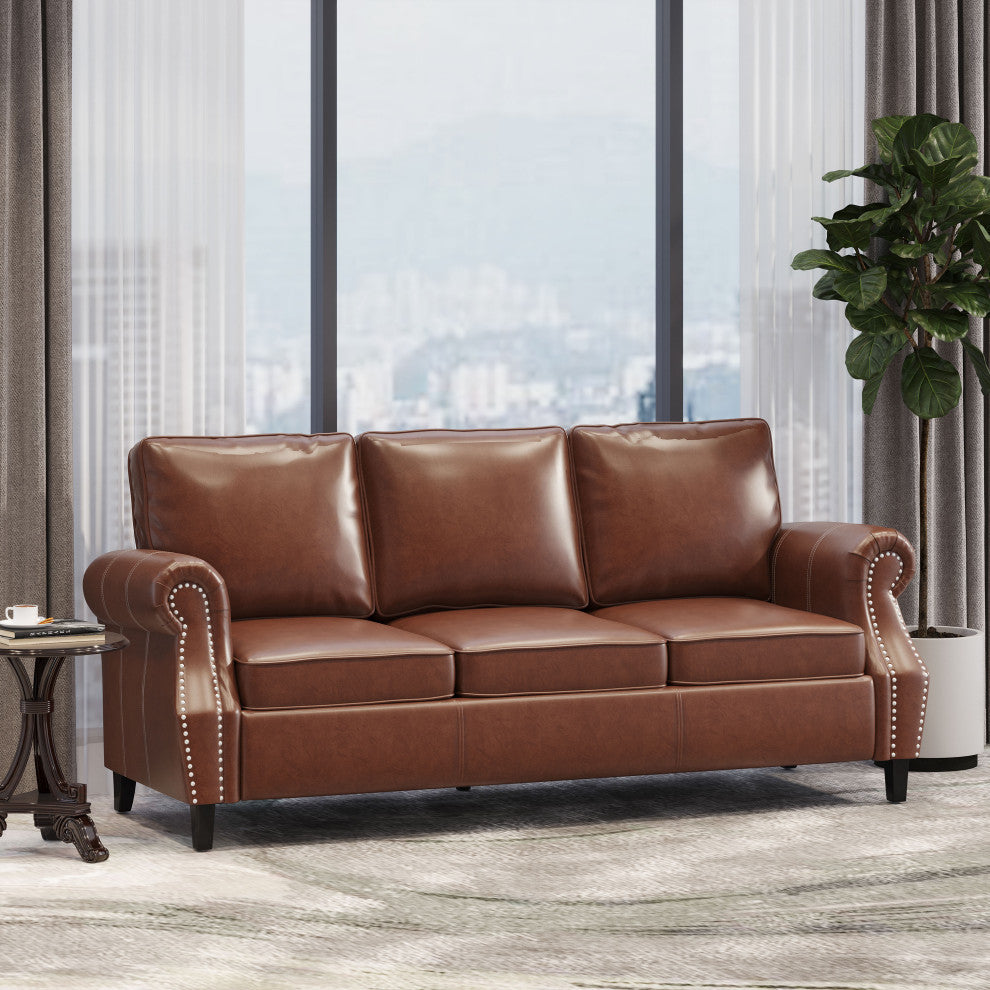 Burkehaven Contemporary Faux Leather 3 Seater Sofa With Nailhead Trim, Cognac Brown/Dark Brown