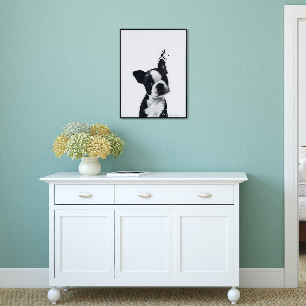 "Boston Terrier" Black and White Pet Art on Printed Glass with Anodized Frame