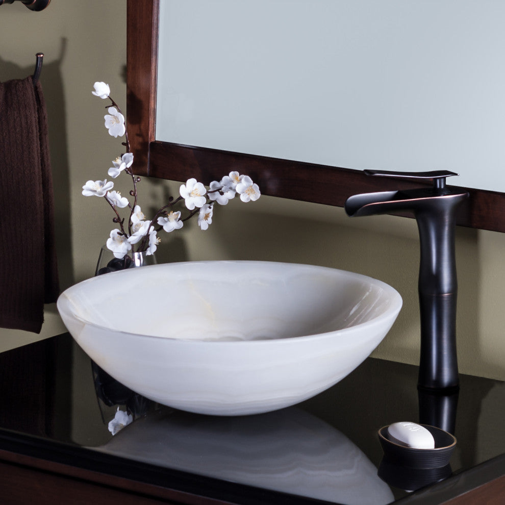 White Onyx Vessel Sink and Drain, Oil Rubbed Bronze