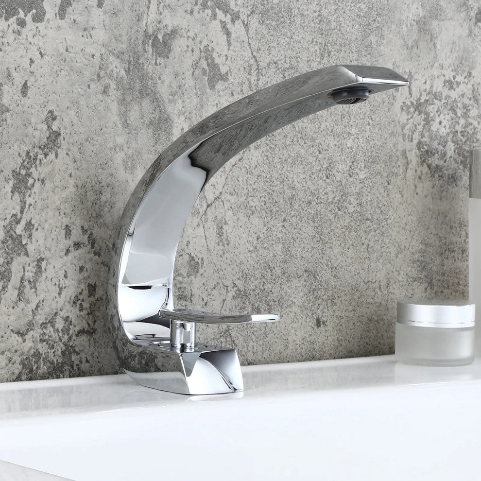 Single Hole 1-Handle Bathroom Sink Faucet Curved Spout with Pop Up Drain, Chrome
