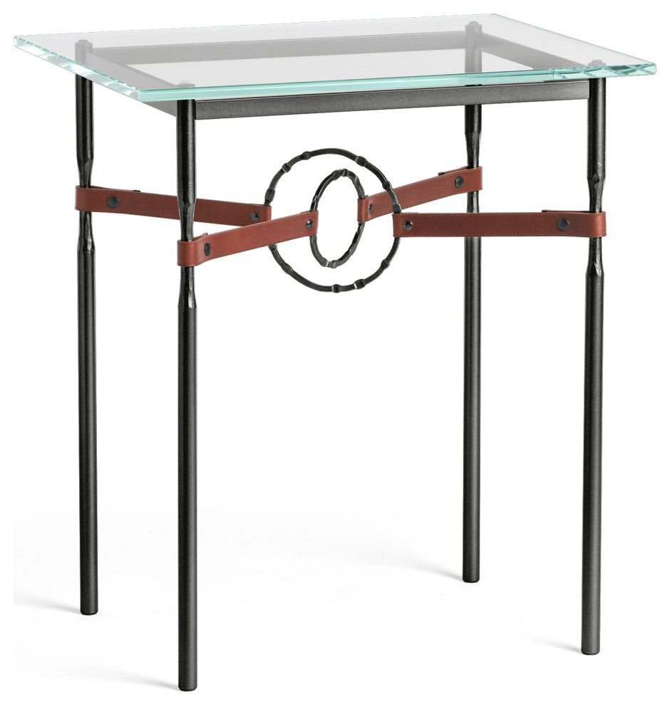 Equus Side Table, Black Finish, Black Accents, British Brown Leather Strap