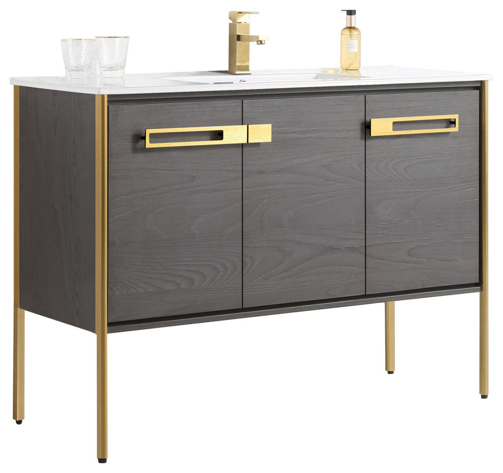 Oakville Bath Vanity, Ceramic Sink, Black Coal Oak, 48 Inch, Satin Brass Hardwar