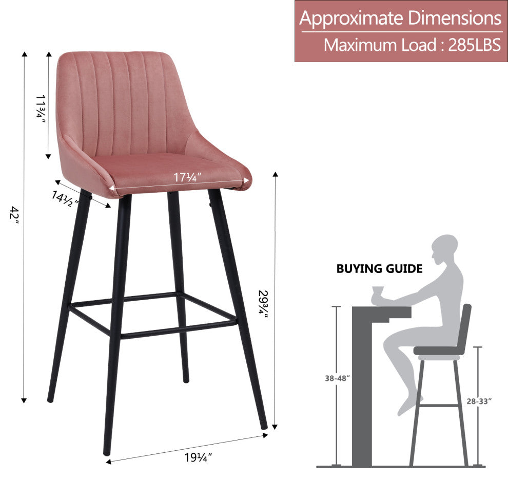 Set of 2 Vertical Channel Tufted Velvet Bar Stools, Pink, 30 Inch