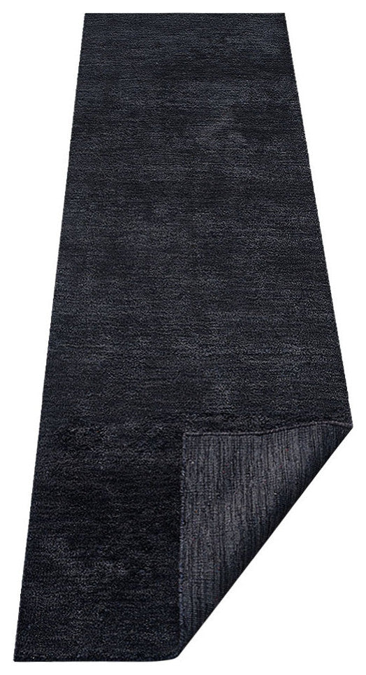 Hand Knotted Loom Silk Mix Area Rug Solid Charcoal