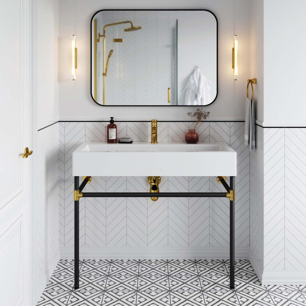 Sink Vanity, Wall Mount, White Black, Ceramic, Stainless, Modern, Bathroom