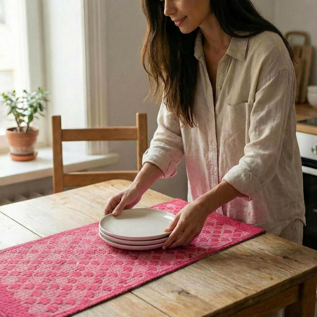 Artisan Hand Loomed Cotton Table Runner, Pink Ginkgo, 18"x96"