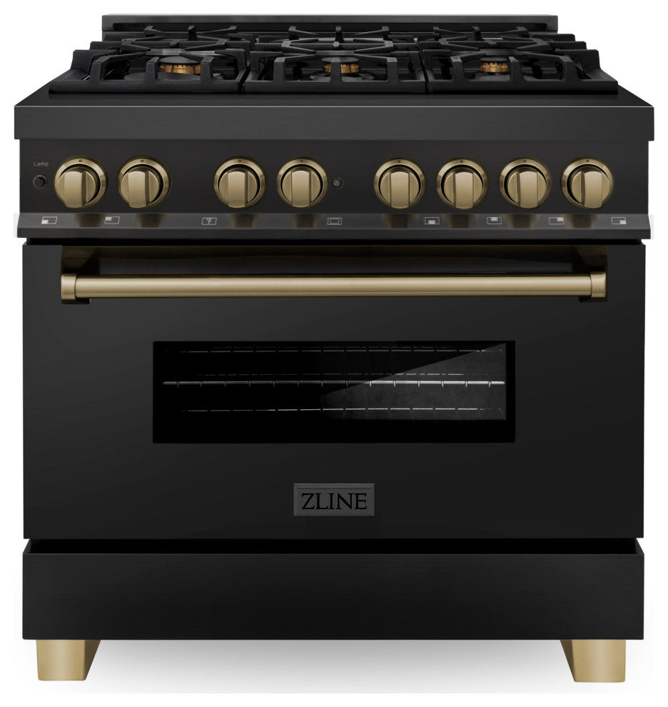 ZLINE 36" Dual Fuel Range, Black Stainless With Champagne Bronze RABZ-36-CB