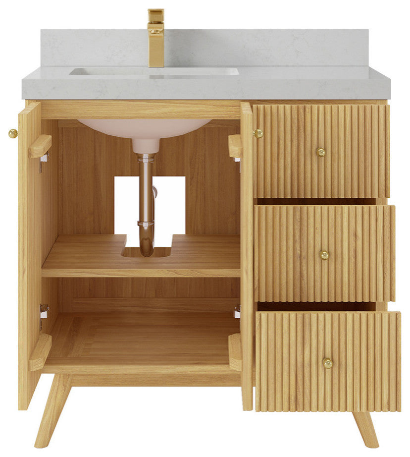 Pasadena 36 Left Offset  Bath Vanity in Light Natural Teak 2" Carrara Quartz