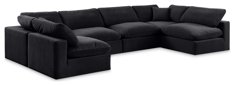 Comfy Upholstered U-Shaped Modular Sectional, Black, 6-Piece: 4 Armless Chair, 2 Corner Chair, Velvet