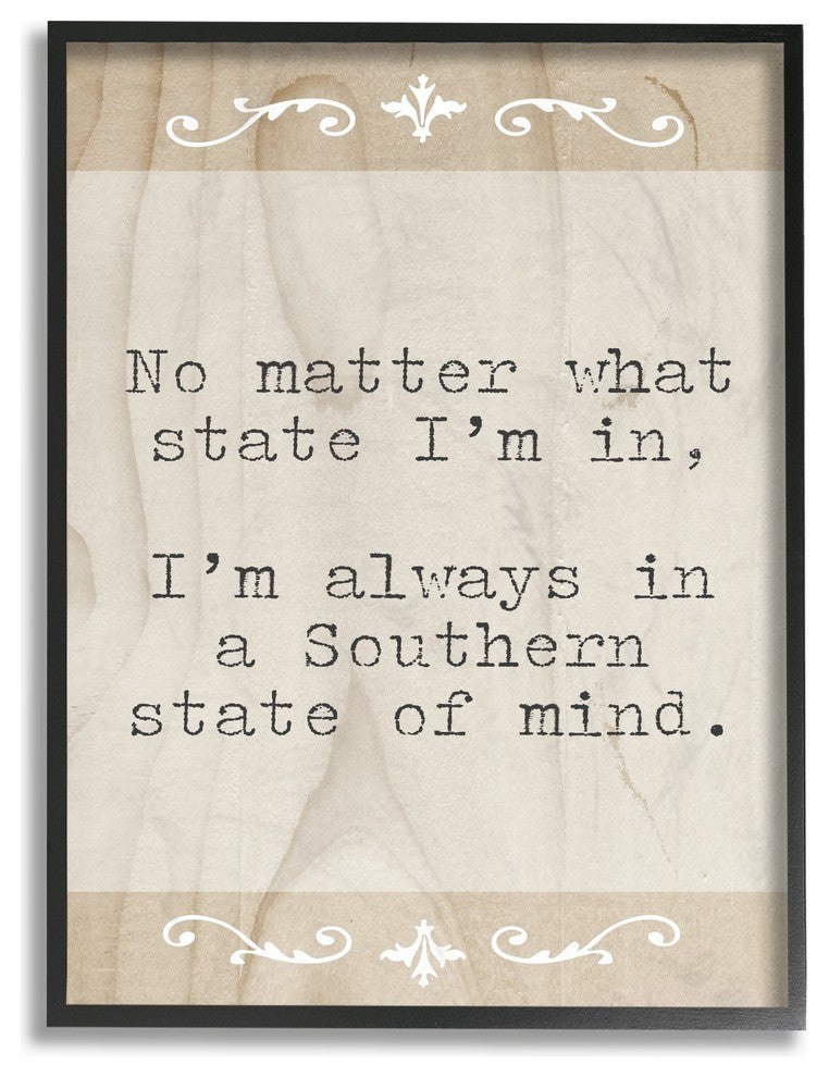 A Southern State of Mind Tan Wood Look Typography Framed Giclee Art, 16"x20"