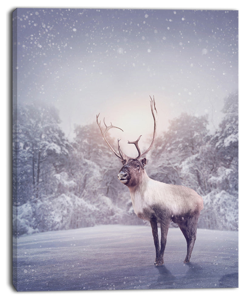 Huge Reindeer Standing in Snow, Animal Canvas Art Print, 28"x60"