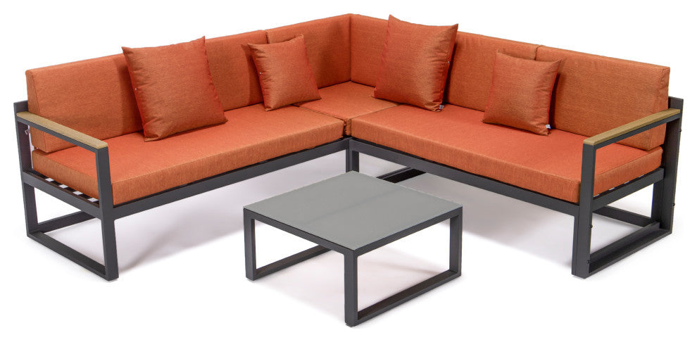 LeisureMod Chelsea Modern Black 3 Piece Outdoor Aluminum Sectional Set for Patio, Orange