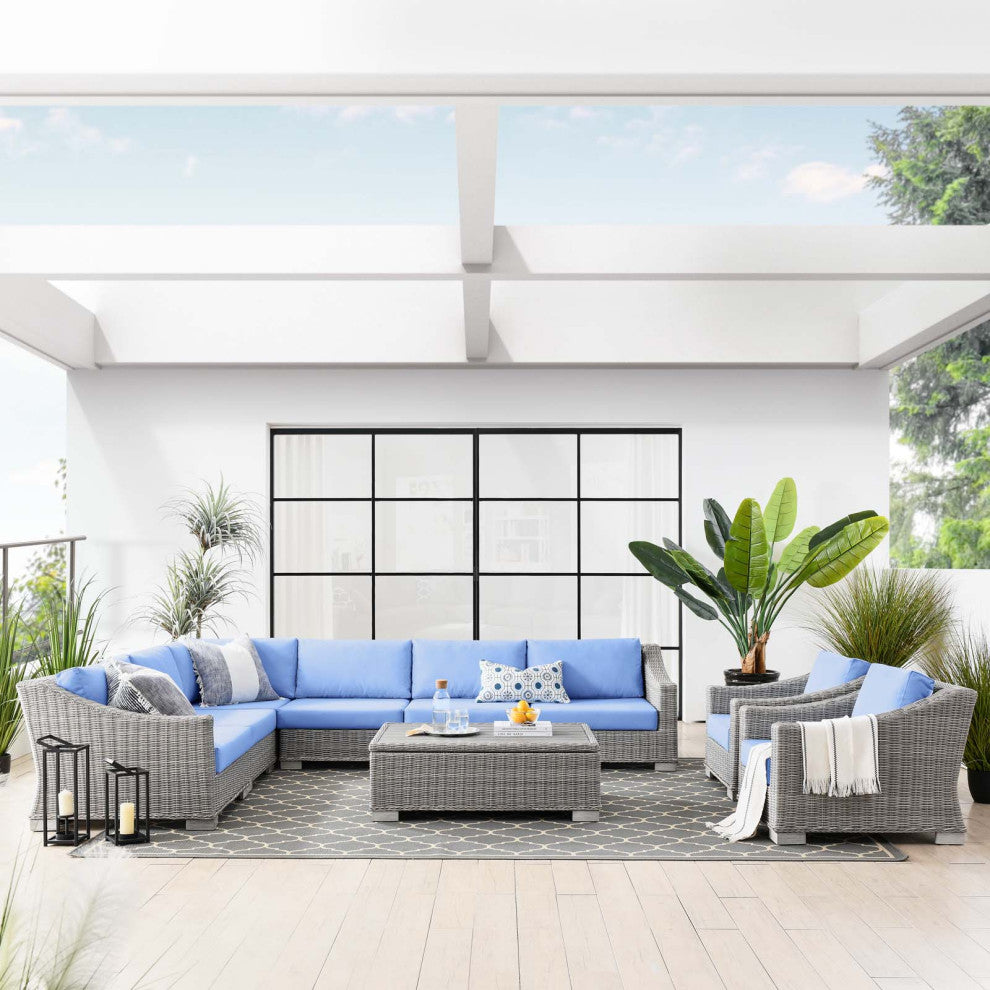 Outdoor Patio Wicker Rattan 9-Piece Sectional Sofa Furniture Set Gray and Blue