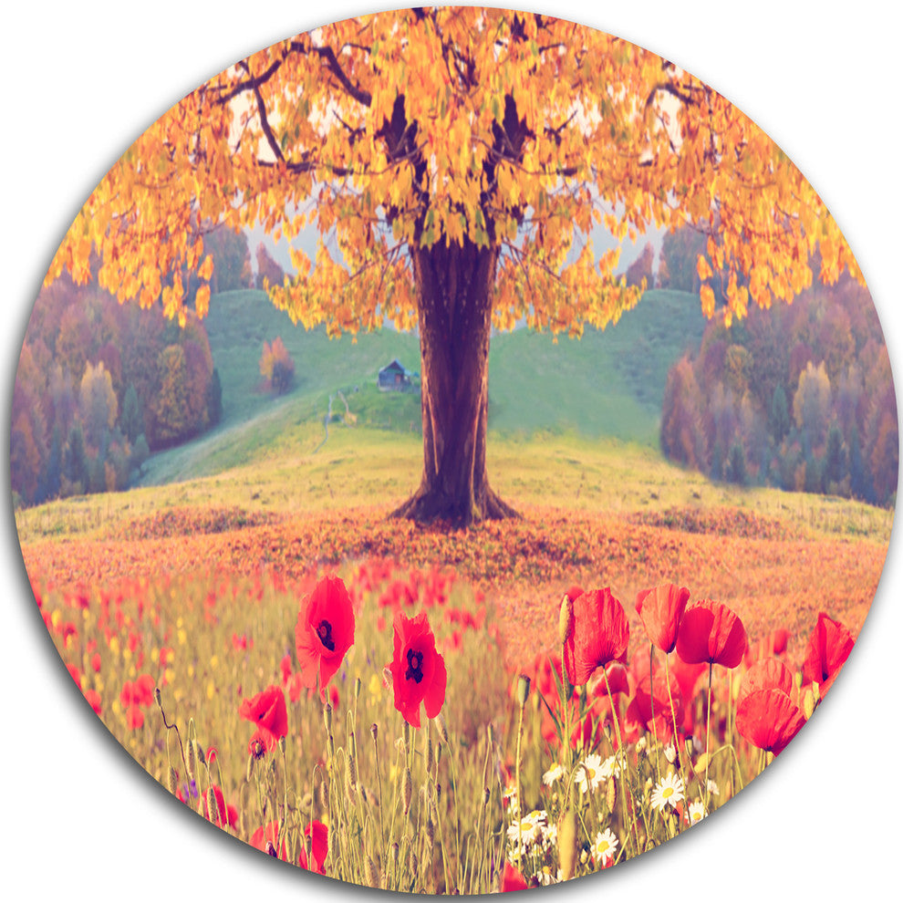 Landscape With Poppy Flowers, Photo Large Disc Metal Wall Art, 23"