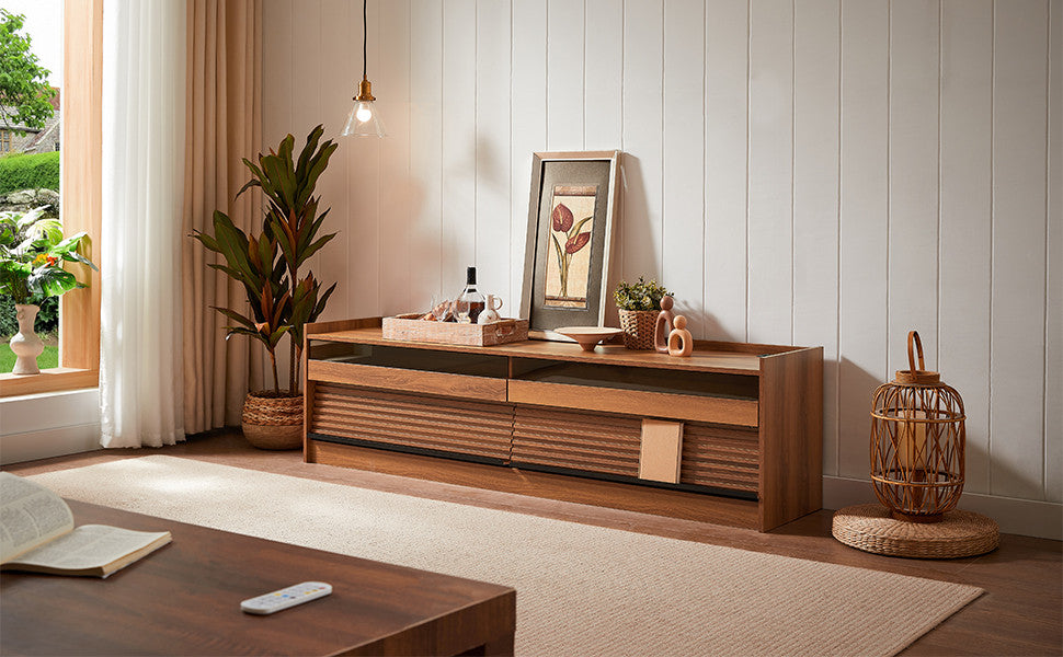 GDF Studio 4-Drawer Storage TV Stand, LED Lighting & Charging Ports, Espresso