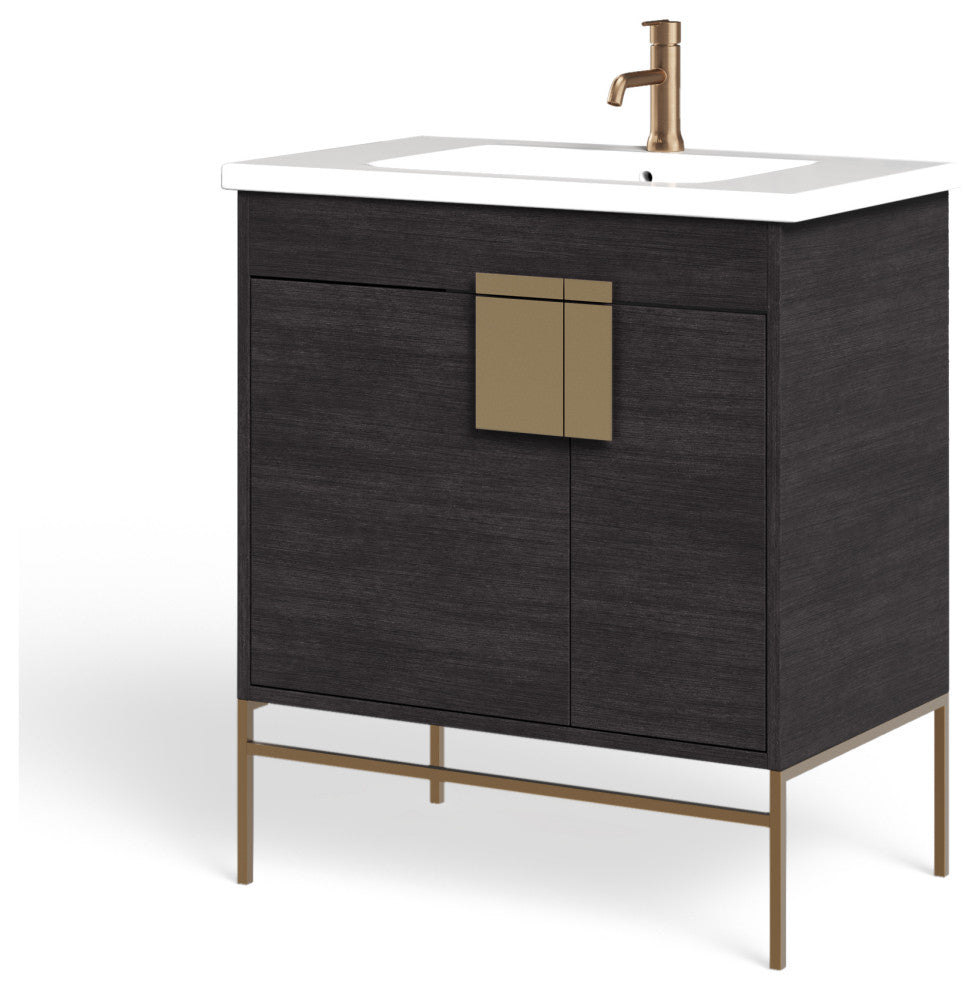 Lockhart Bath Vanity, Black Oak, 30", Satin Brass Hardware, Single Sink, Freestanding