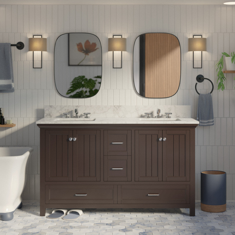 Paige 60" Bathroom Vanity, Chocolate, Carrara Marble, Double Sink