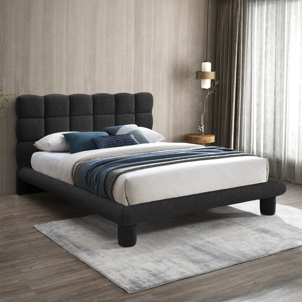 Deco Boucle Fabric Upholstered Full Bed, Black, King