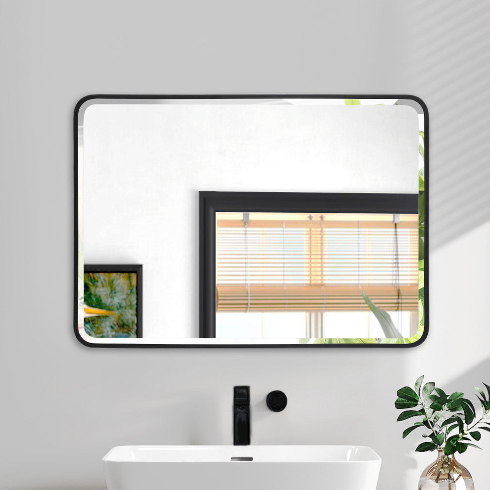 Metal Frame Beveled Glass Bathroom Wall Mirror With Round Corner, 32"x24"