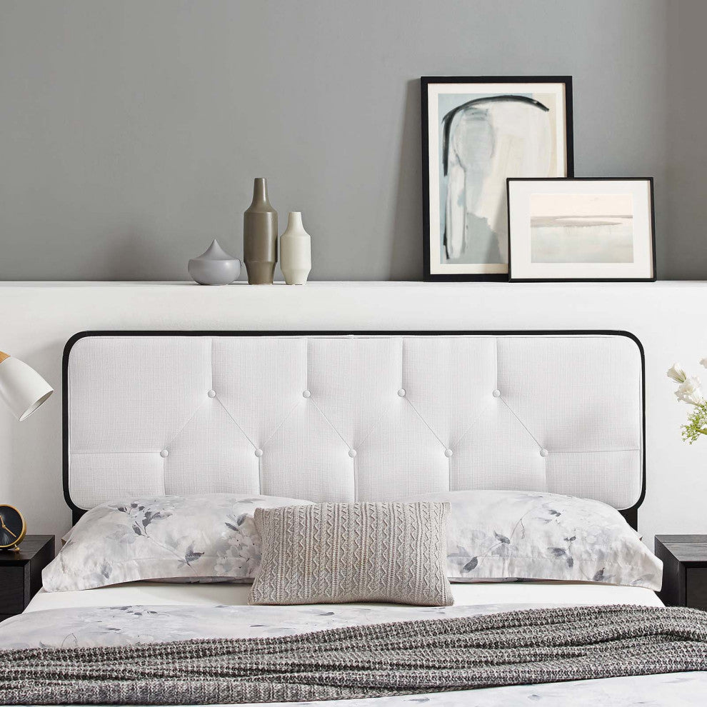 Tufted Headboard, Queen Size, Wood, Fabric, Black White, Modern Mid-Century