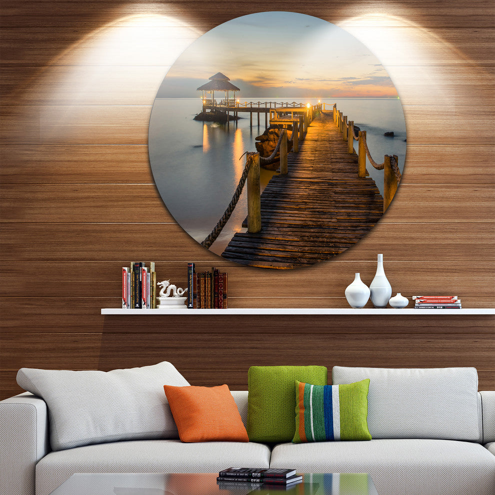 Brown Wooden Pier In Evening, Seashore Photo Round Wall Art, 23"