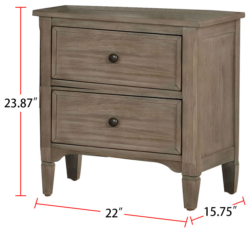 2 Drawers Wooden Night Stand, Wire-Brushed Warm Gray