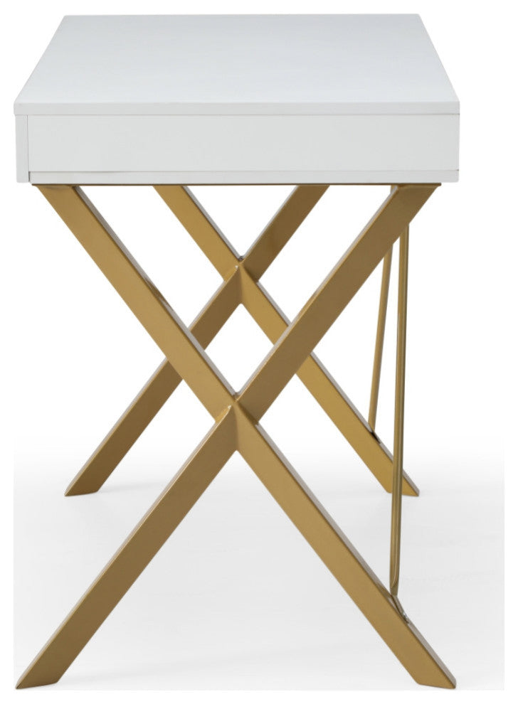 Loft Lyfe Clint Desk, 1 Storage Drawer, White/Gold 43.3Lx21.7Wx30H