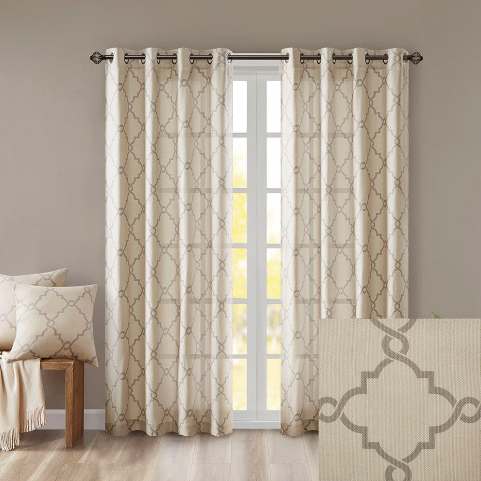 Madison Park Saratoga Fretwork Print Grommet Top Window Curtain Panel, Beige