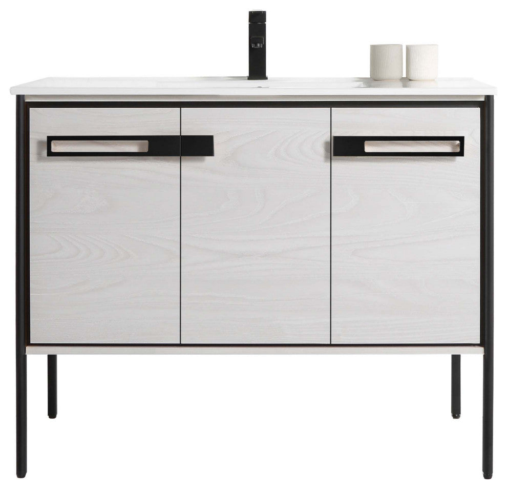 Oakville Bath Vanity, Ceramic Sink, Mild Grey Oak, 42 Inch, Black Hardware