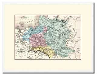 Poland, Prussia Germany Old Map Print On Canvas With Frame 16" X 21"