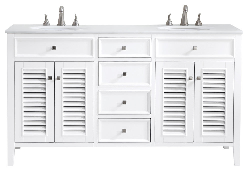 60" Double Bathroom Vanity, White With Ivory White Engineered Marble