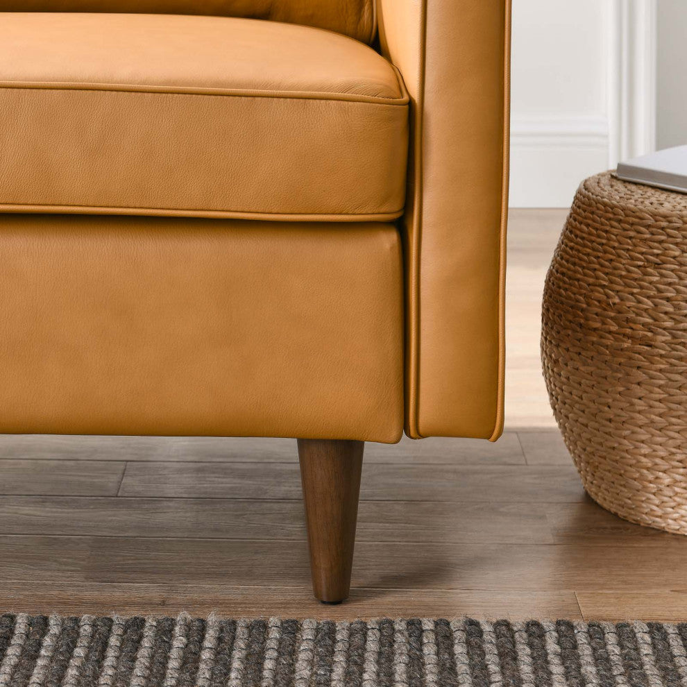 Armchair Accent Chair, Tan, Leather, French, Mid Century Hotel Lounge Cafe