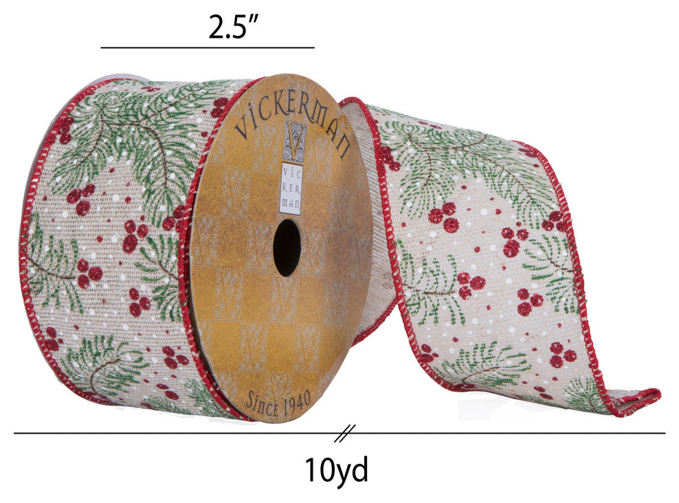 Vickerman Q202745 2.5"X10 Yard Red & Green Berry On Burlap Christmas Ribbon