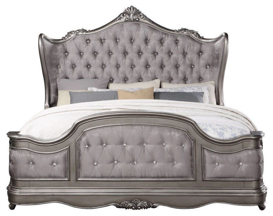 Acme Ausonia California King Bed, Velvet & Antique Platinum Finish