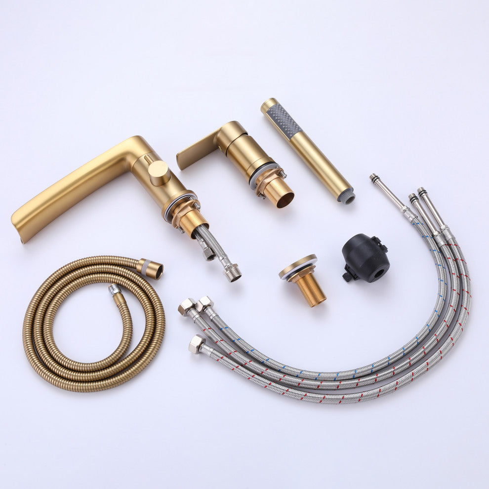 Double Handle Deck Mounted Roman Tub Faucet with Handshower, Brushed Gold