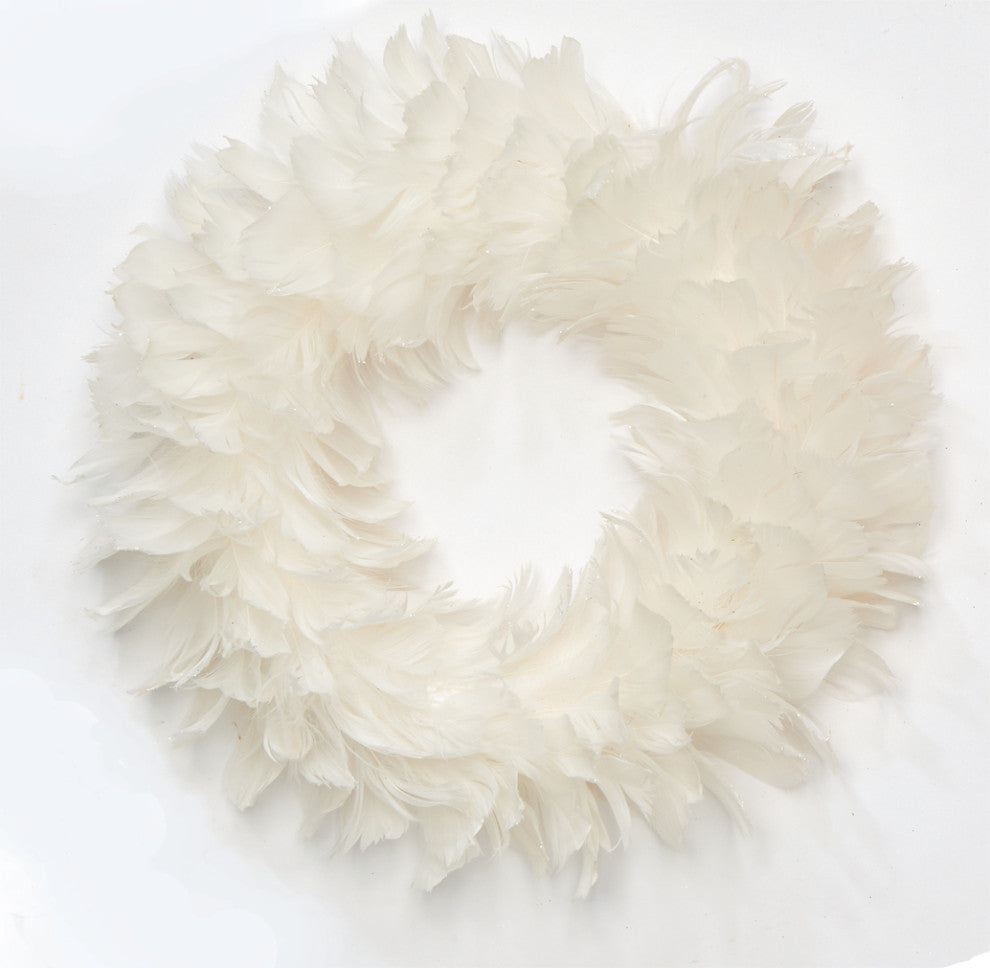 14" Feather Wreath W/Glitter Tips, White