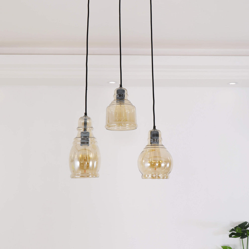 Lynn 3-Light Cognac Glass Cluster Pendant, Antique Black