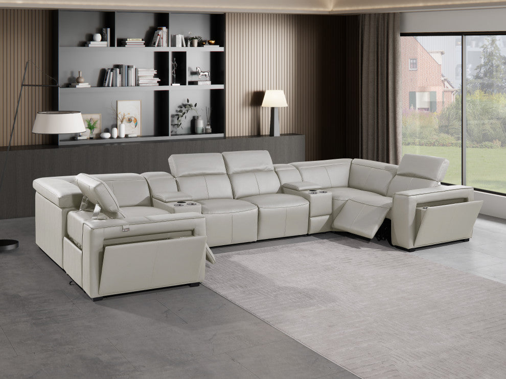 Niccolo Italian Leather 8-Piece U-Shaped 2 Power Reclining Sectional, Light Gray