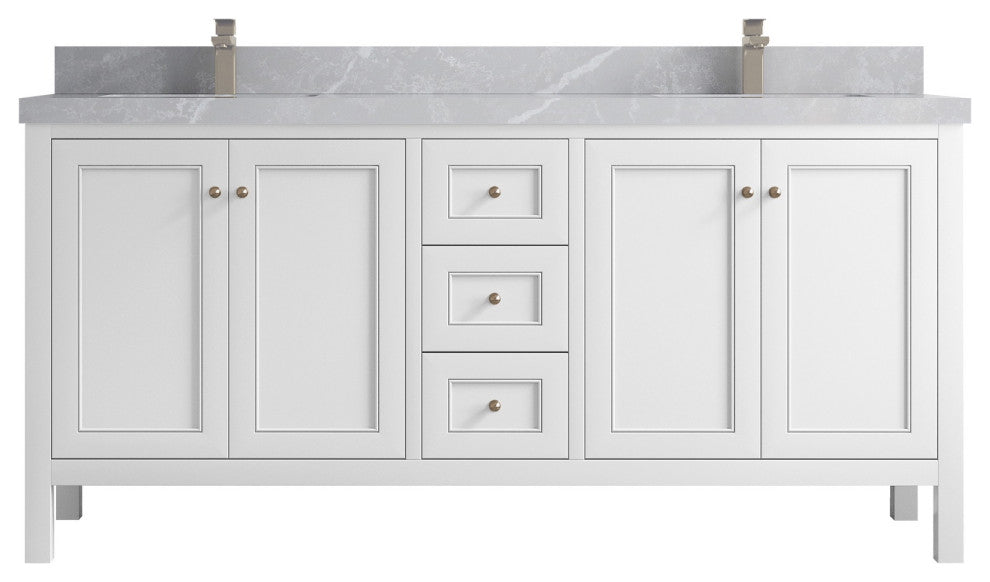 Nashville 72" Double Sink Bath Vanity, White 2" Pearl Light Gray