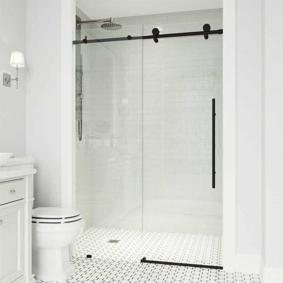 VIGO Elan E-Class 64" to 68" W x 76" H Frameless Sliding Shower Door, Matte Black, Clear Glass