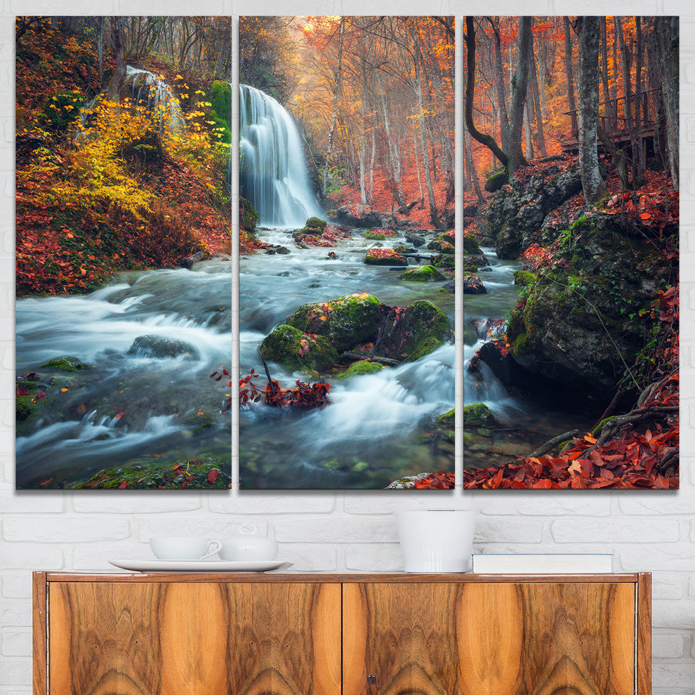 "Autumn Mountain Waterfall Long View" Photo Wall Art, 3 Panels, 36"x28"
