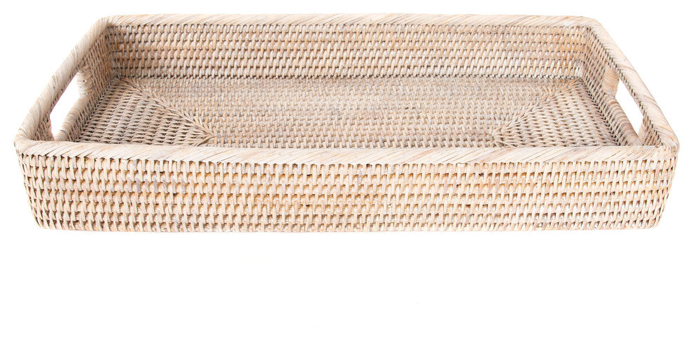 Artifacts Rattan Rectangular Tray With Rounded Corners, White Wash