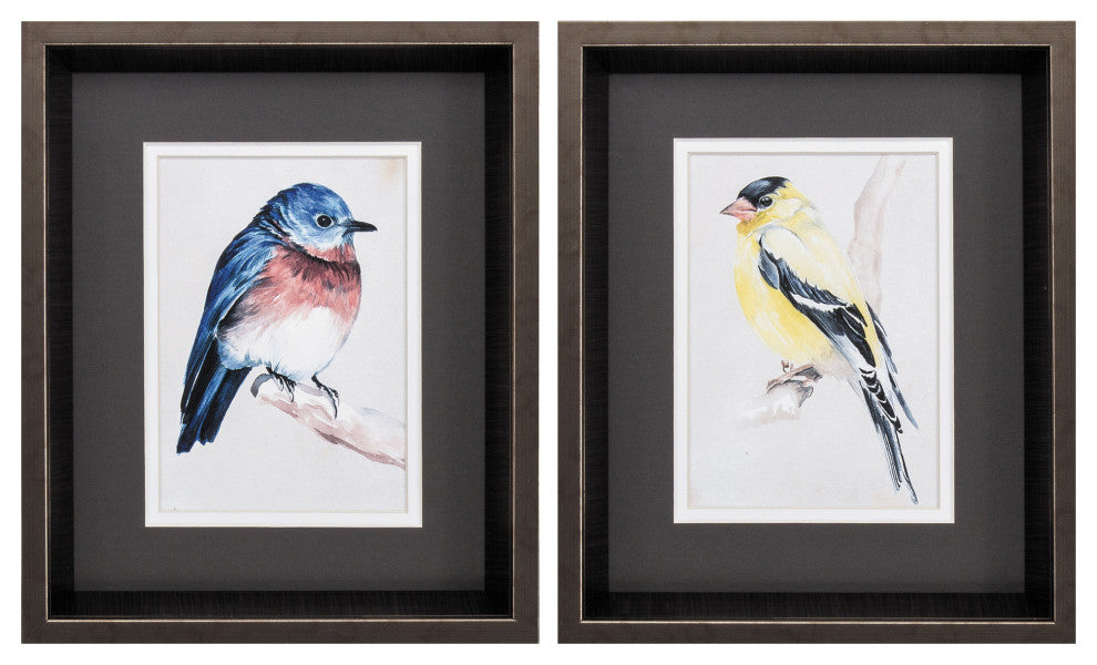 10" X 12" Brushed Silver Frame Bird On Branch (Set Of 2)