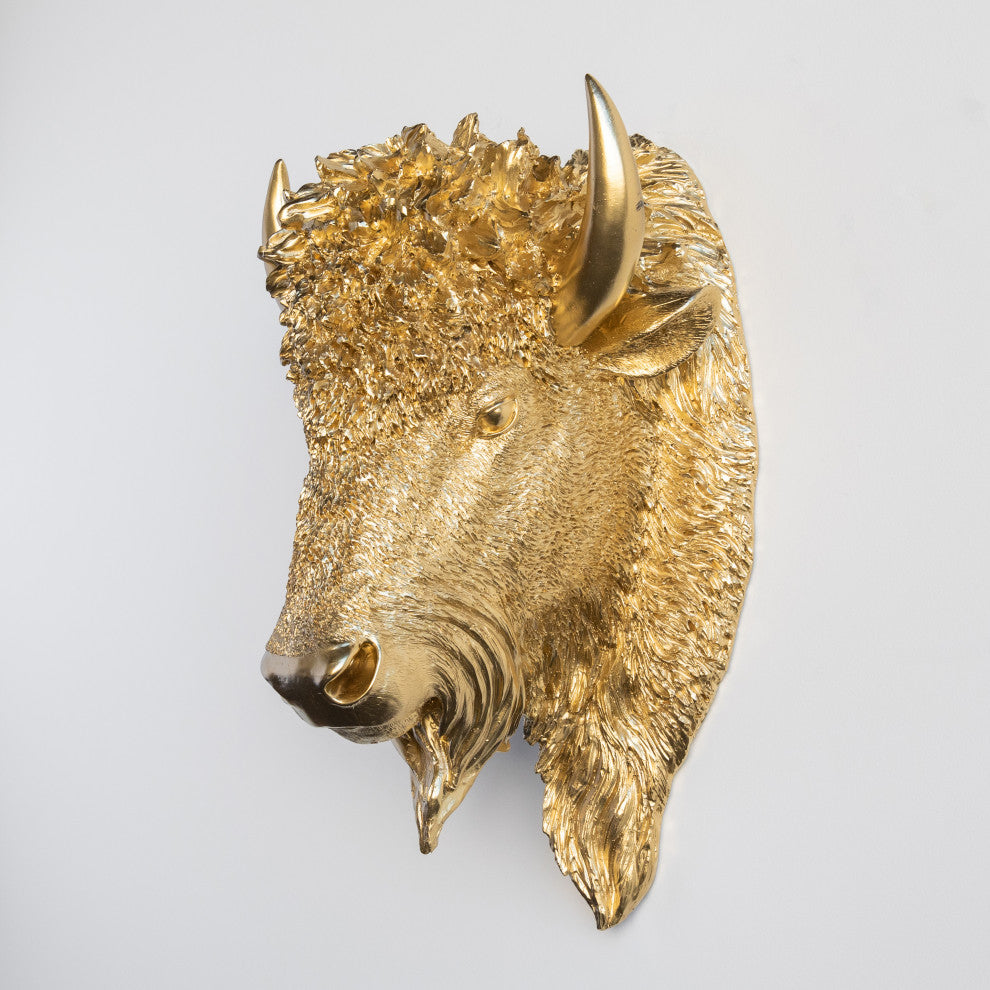 Faux Taxidermy Bison Head Wall Mount, Gold