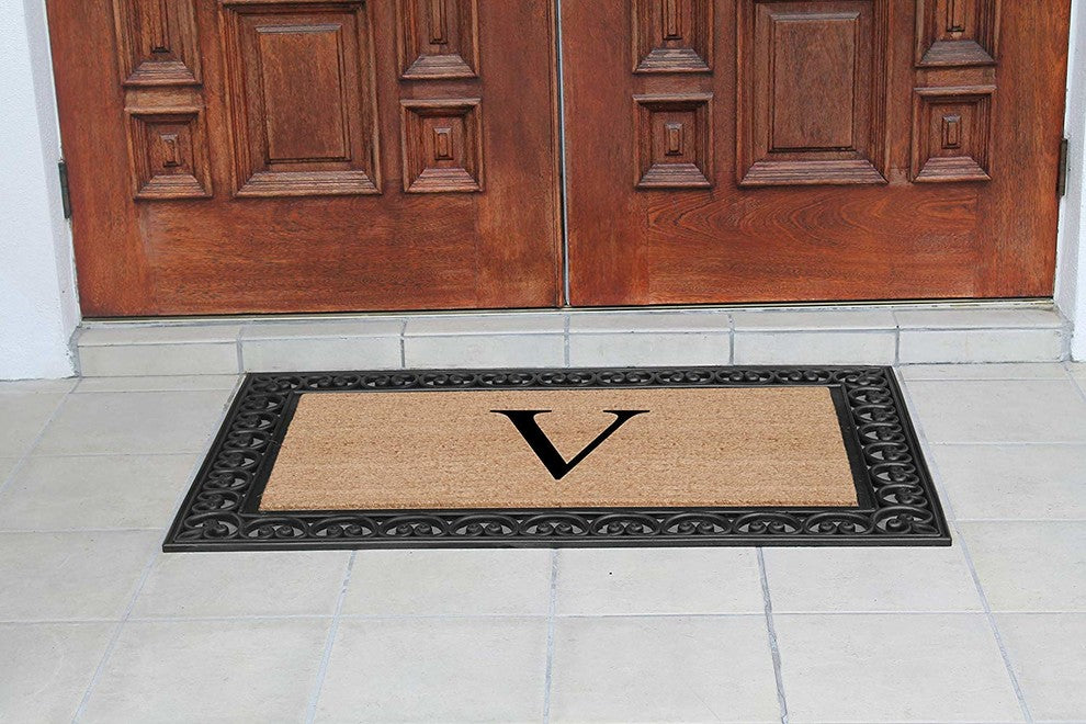 A1HC Black Rubber and Coir Paisley Border Monogrammed Double Doormat, 30"X48", V