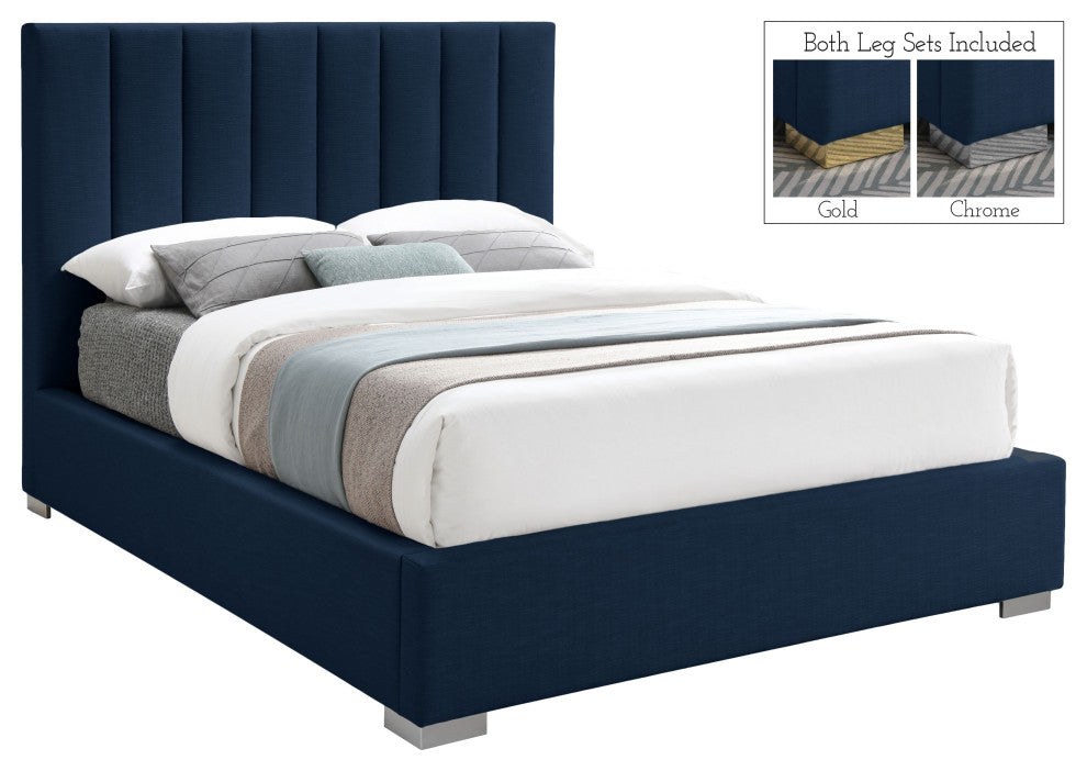 Pierce Linen Textured Fabric Upholstered Bed, Navy, Queen