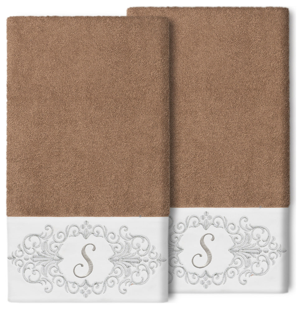 Linum Home Turkish Cotton Monica 2-Piece Embellished Bath Towel Set, Latte